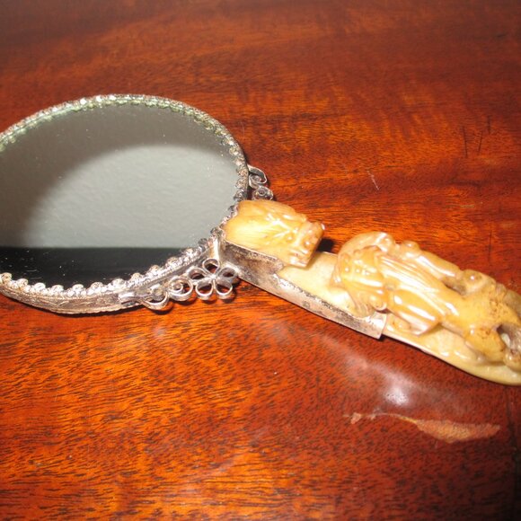 Oriental Hand Mirror Hand Carved Jade - Picture 2 of 4
